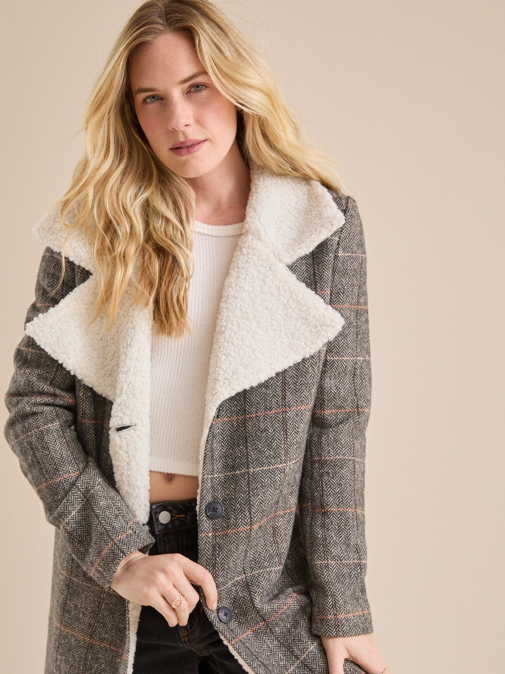 Altar’d State S Sherpa Plaid Modern Coat Cozy Fall Preppy Boho Trench Midi